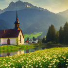 Tranquil church by pond in flowery meadow with mountains.