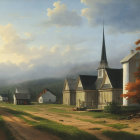 Quaint church with steeple in warm sunlight by road at dusk