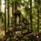 Lush green forest with statue, sunlight, and flowers