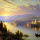 Sunset river scene with boats, cityscape, and hills under cloud-streaked sky