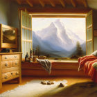 Room with open window overlooking mountain, sky, lake, and sunlight