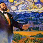 Man in tuxedo smiling against Van Gogh's Starry Night and landscape painting
