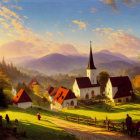 Scenic village with white church, red-roofed houses, and sunset sky