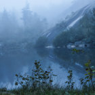 Tranquil dusk scene: river, village, bridge, trees, mountains