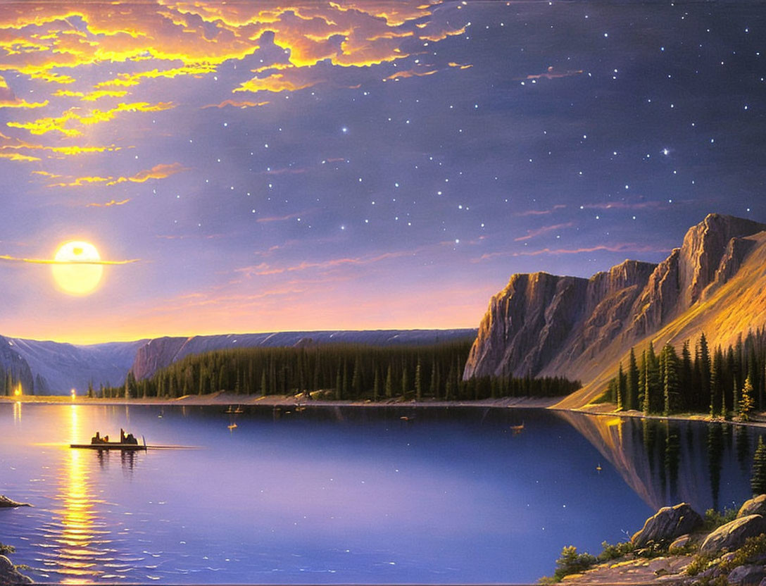 Tranquil dusk lake scene with full moon, boat silhouette, mountains, starry sky