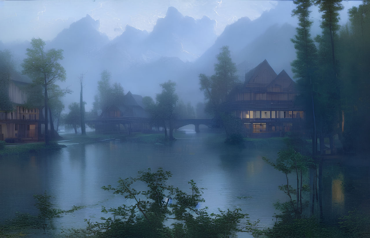 Tranquil dusk scene: river, village, bridge, trees, mountains