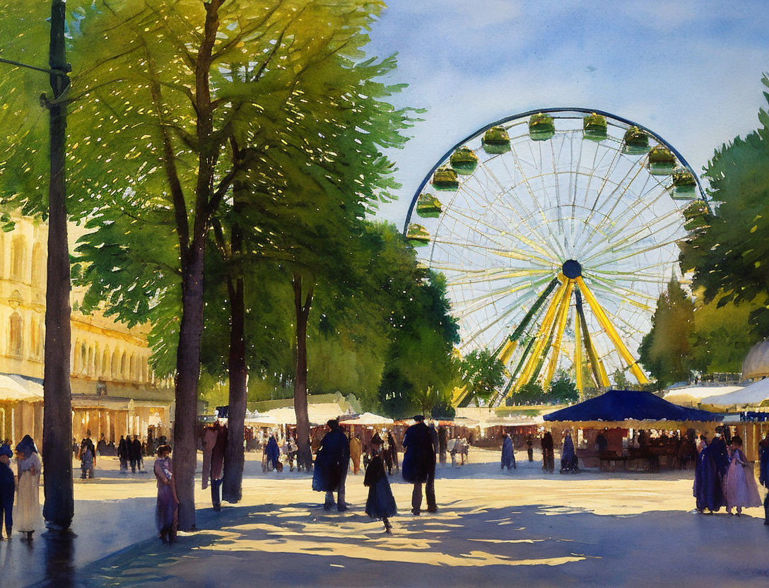 Colorful Watercolor Painting of Park Scene with Crowds and Ferris Wheel