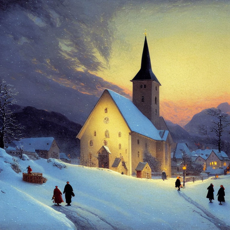 Snow-covered village with people walking at dusk