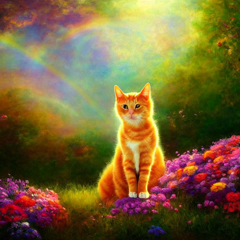 Orange Cat Surrounded by Colorful Flowers and Rainbow