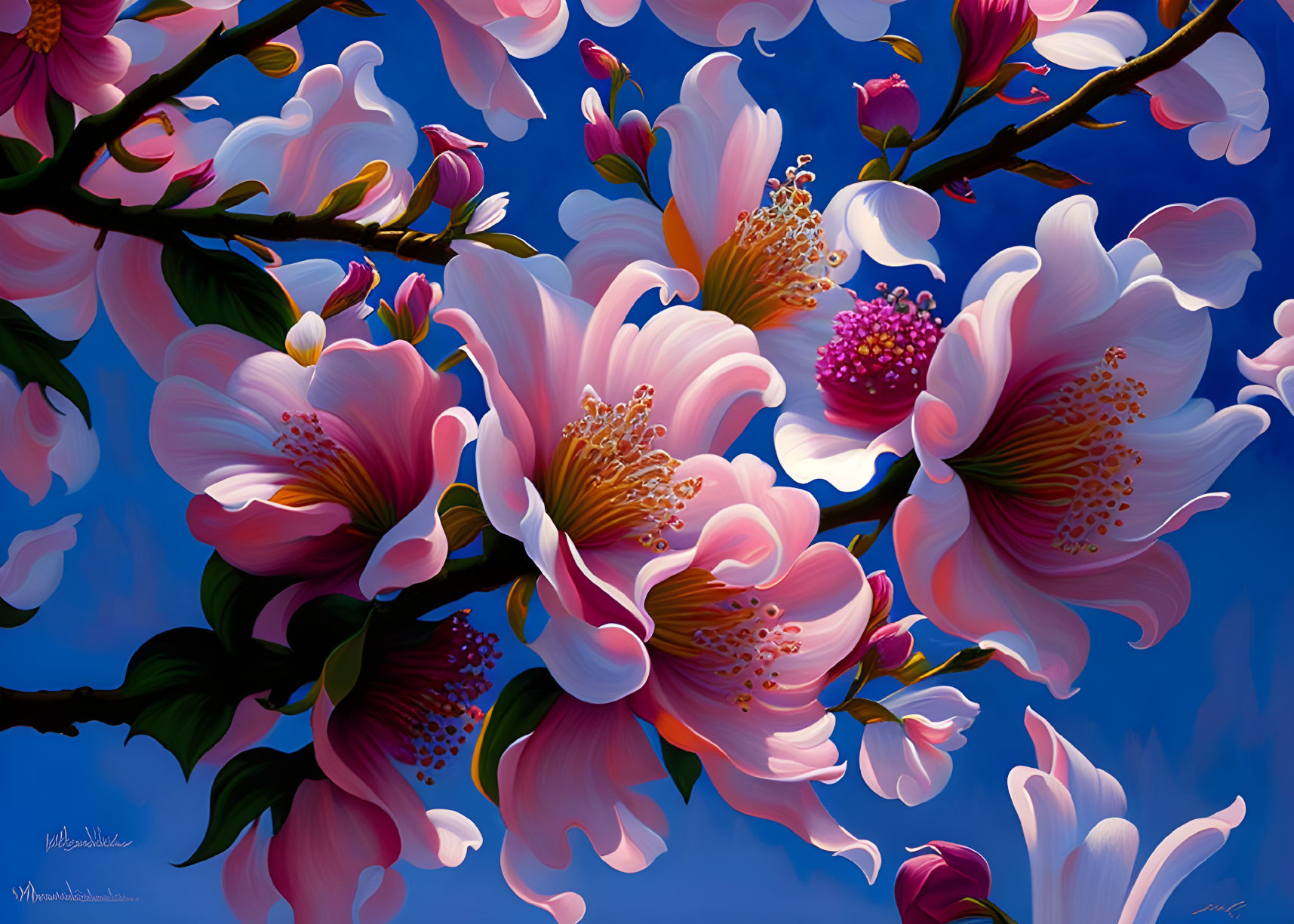 Pink and White Blossoms with Stamens on Branch Against Blue Sky