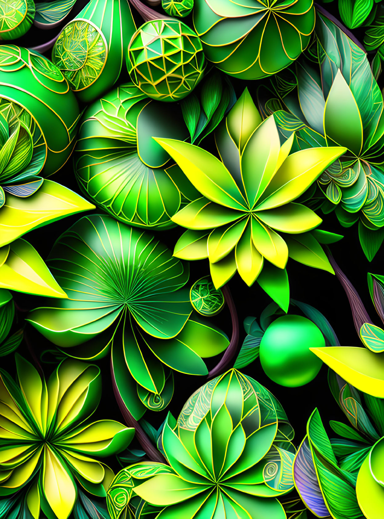 Colorful digital artwork: Green leaves & geometric patterns