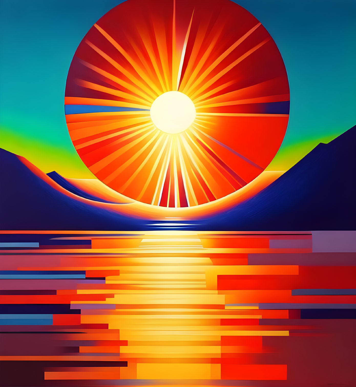 Colorful digital art: Sun setting between mountains over water bands