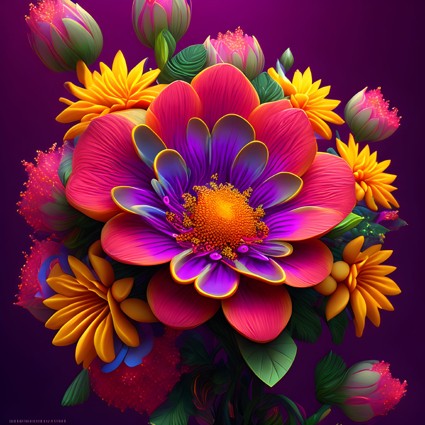 Colorful Digital Artwork Featuring Central Purple and Yellow Flower