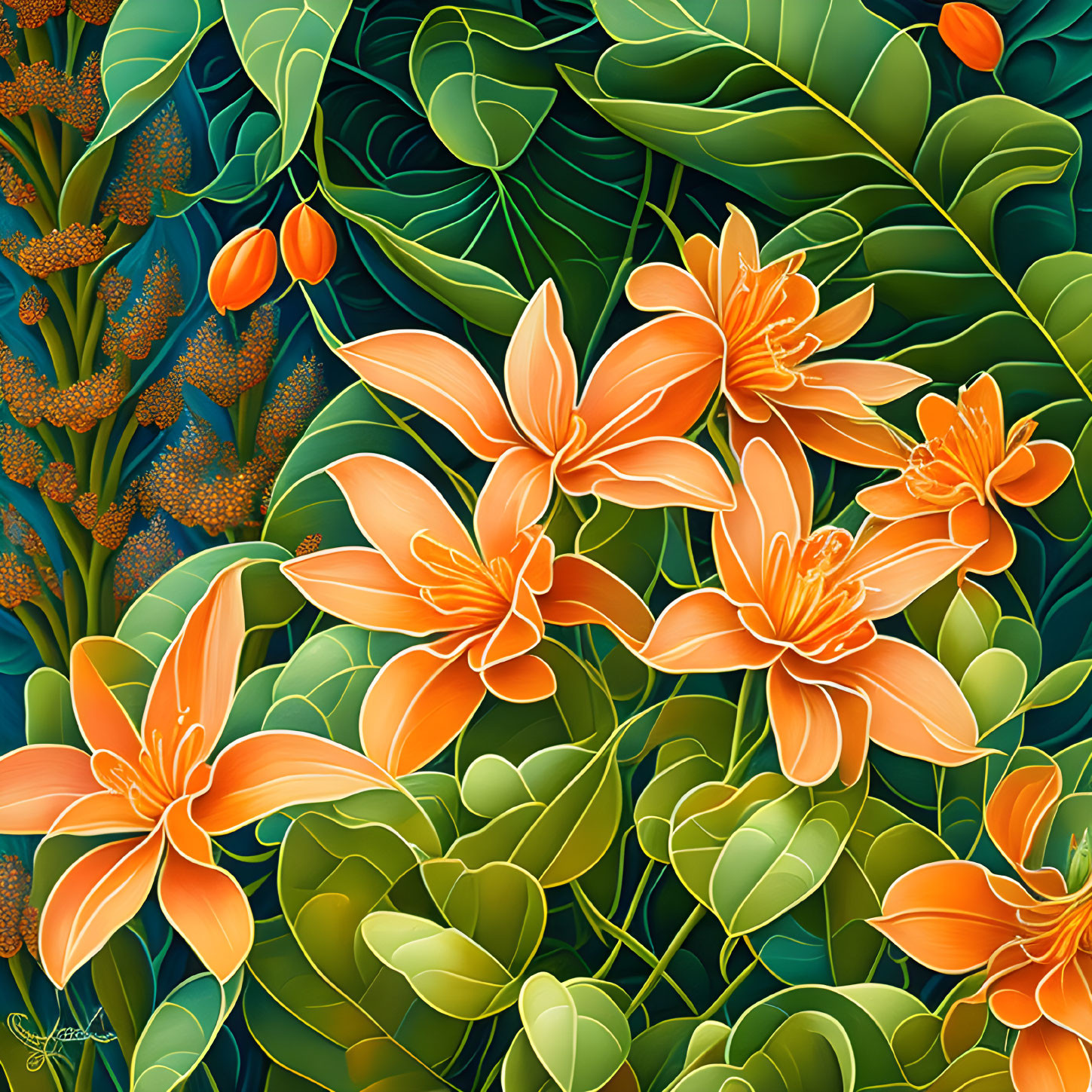 Colorful digital artwork: Orange flowers and lush green foliage