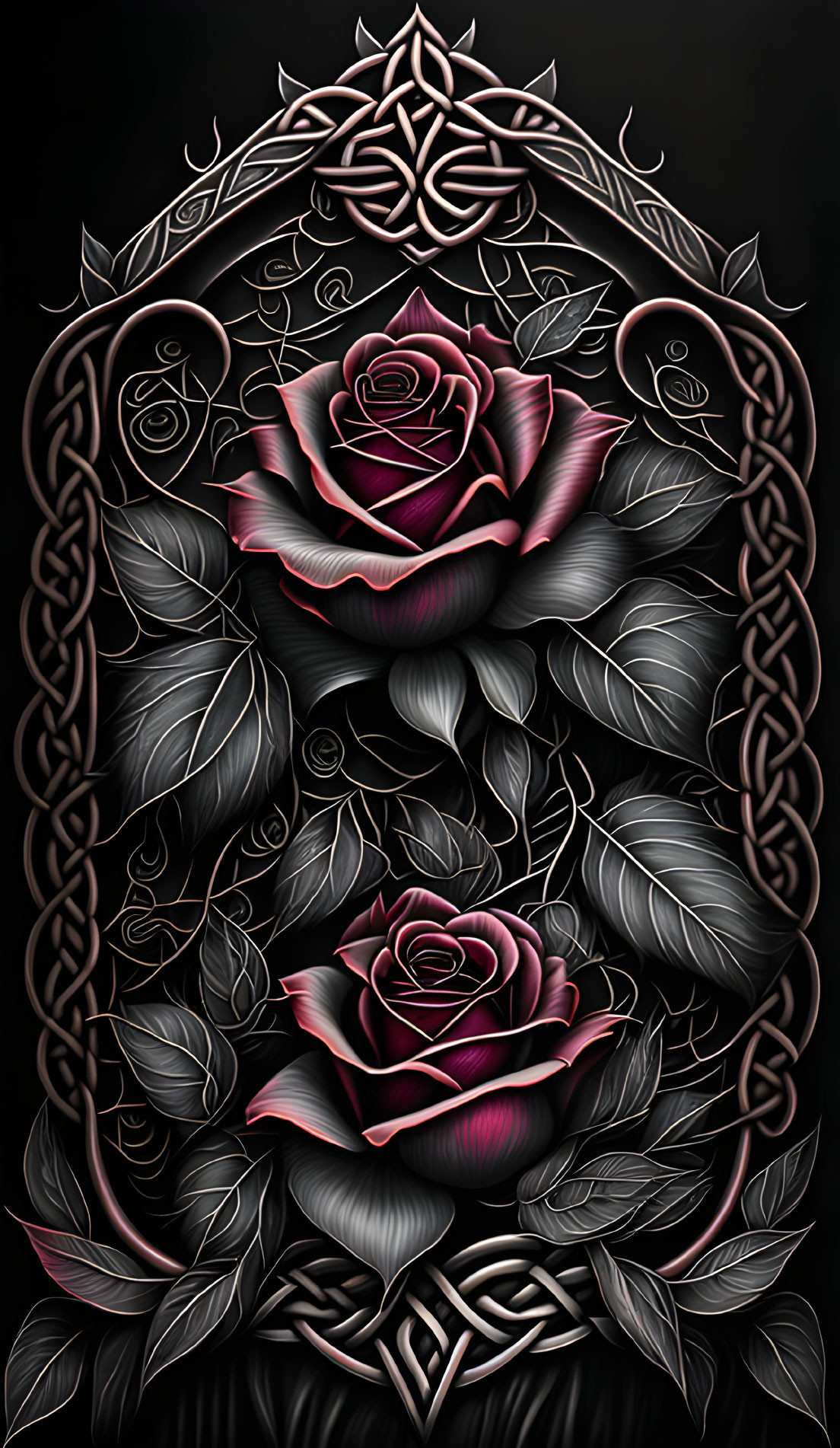 Stylized pink roses on gothic backdrop with Celtic knot designs