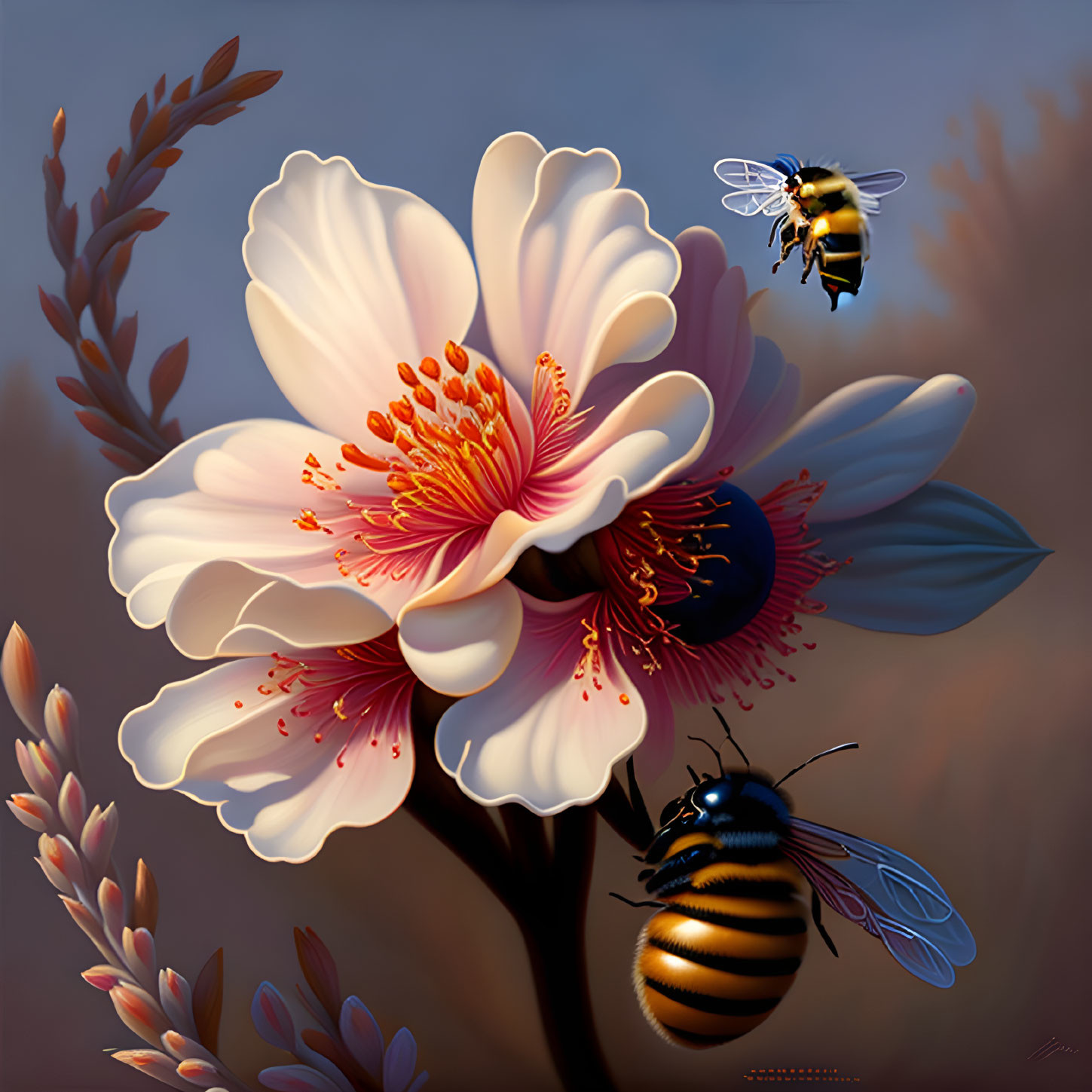 Detailed digital illustration of bumblebees near white flower with pink accents