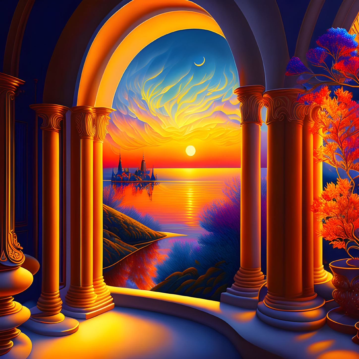 Scenic sunset over tranquil sea through ornate archway