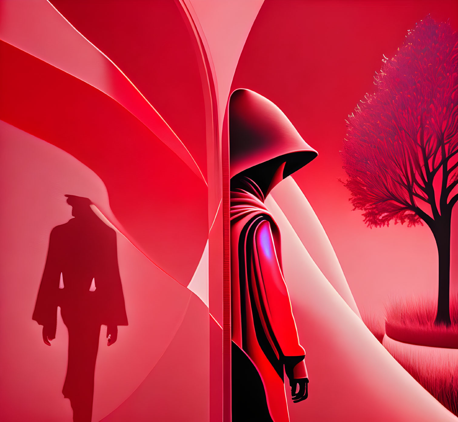 Red-themed abstract art with silhouette of person and tree, central figure in cloak and hat.