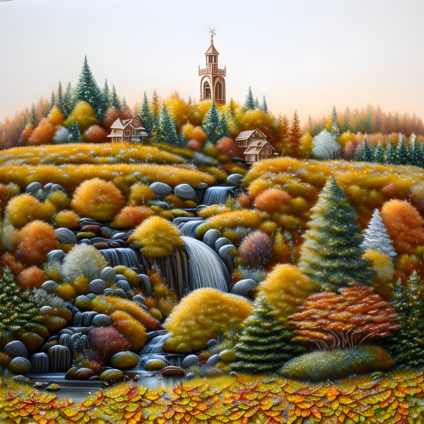 Vibrant autumn landscape with waterfall, village, and church tower