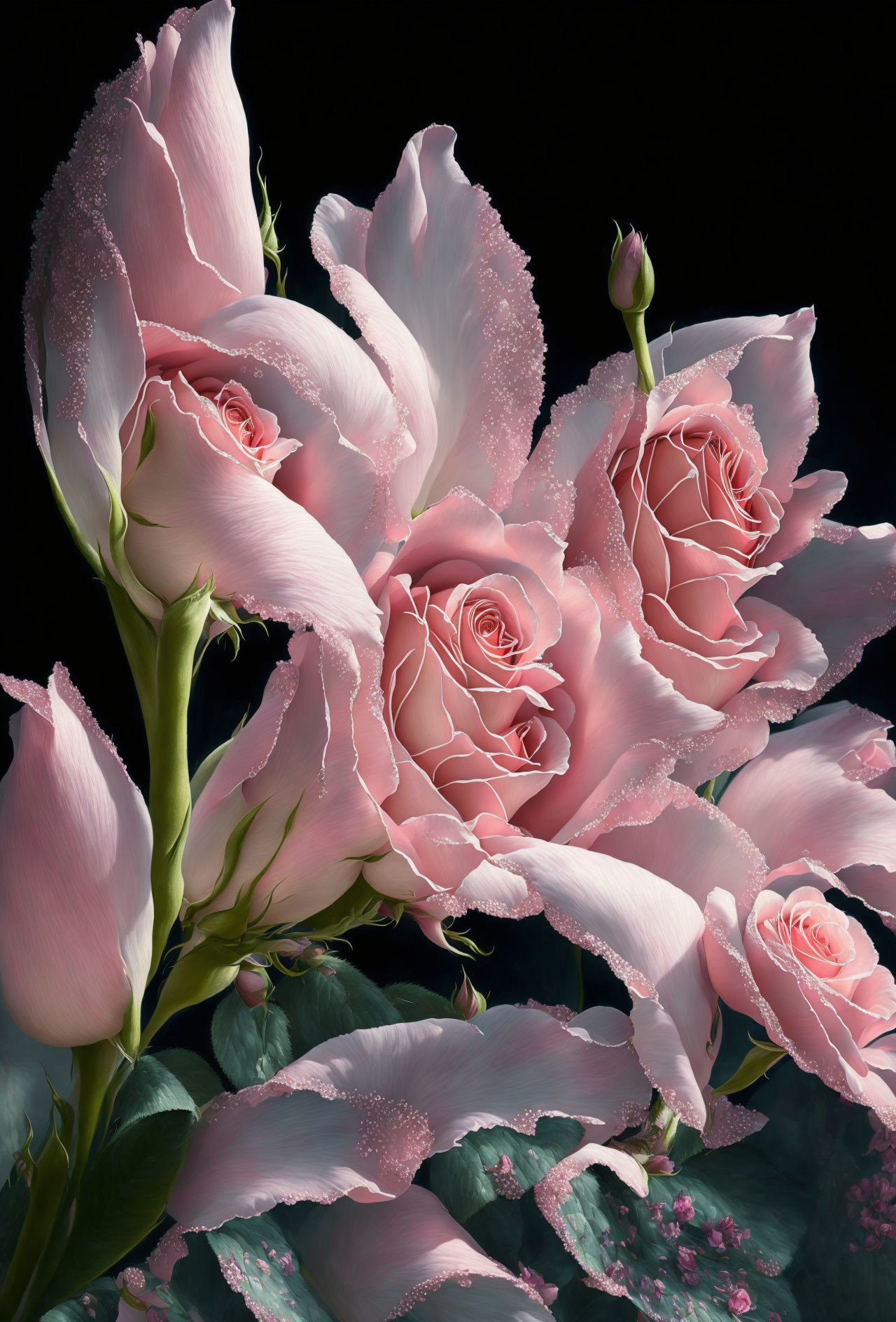 Pink roses with dewdrops on dark background: a soft, textured close-up.