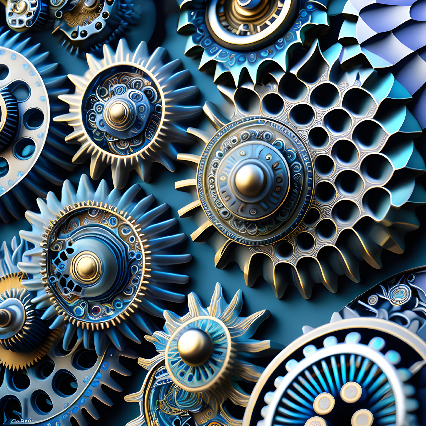 Detailed 3D Illustration of Interlocking Metallic Gears in Blue Hues