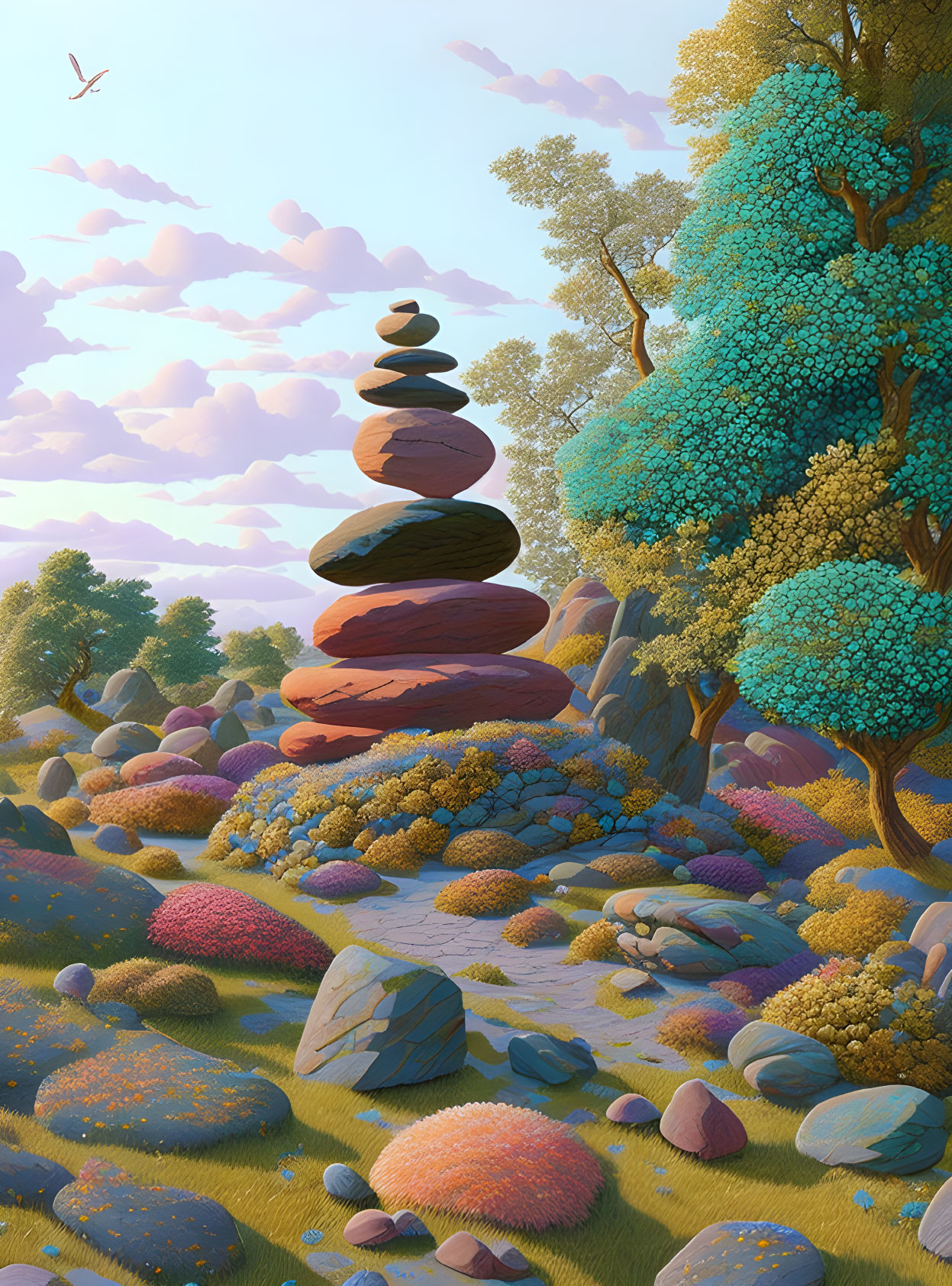 Tranquil landscape with balanced stones, vibrant trees, and clear blue sky