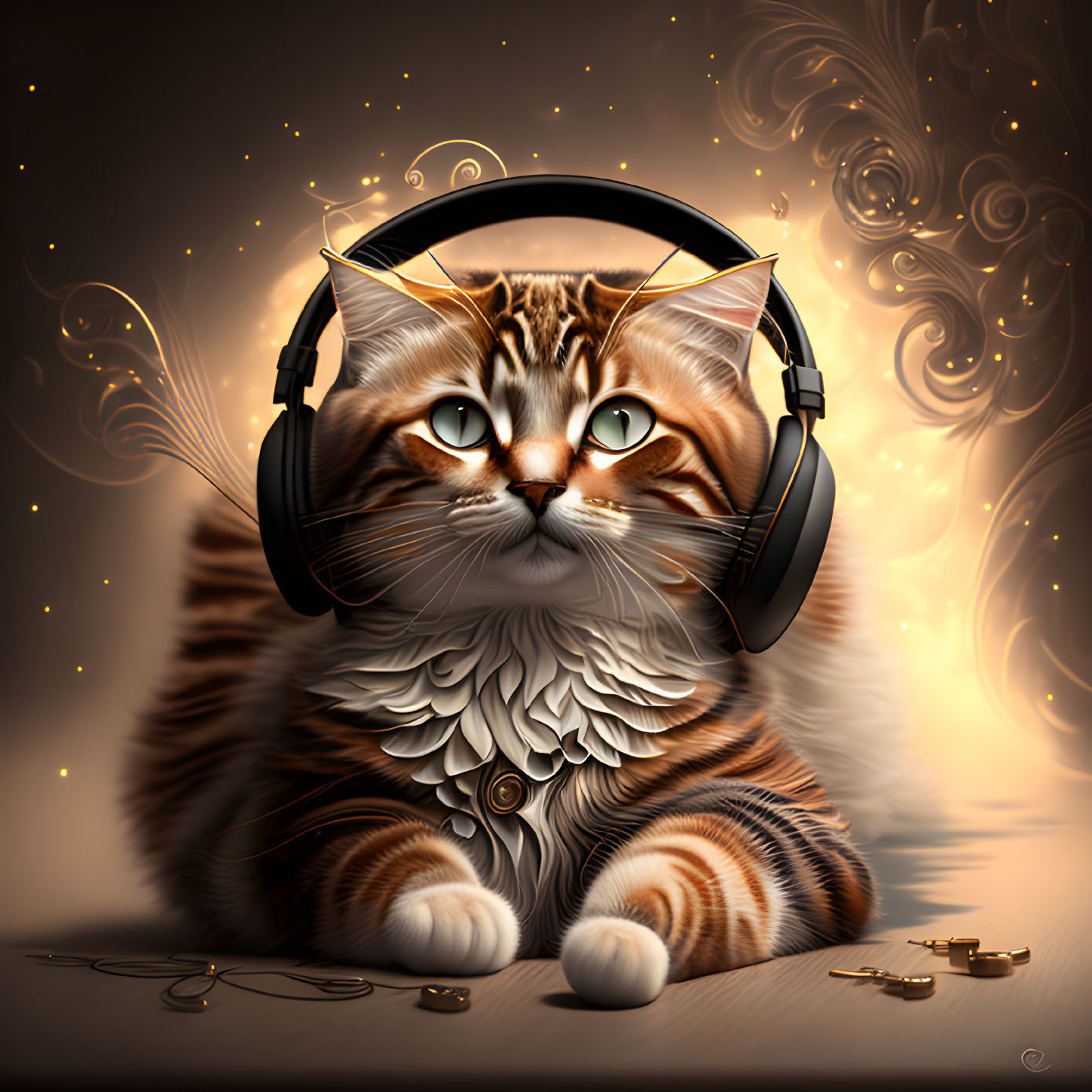 Fluffy Tabby Cat with Green Eyes and Headphones in Sparkling Setting