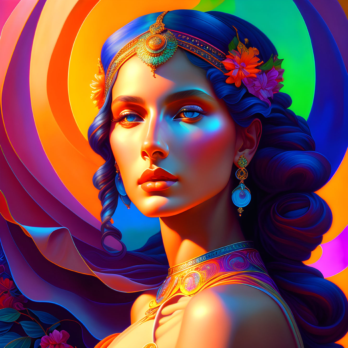 Colorful digital portrait of a woman with headpiece on psychedelic backdrop