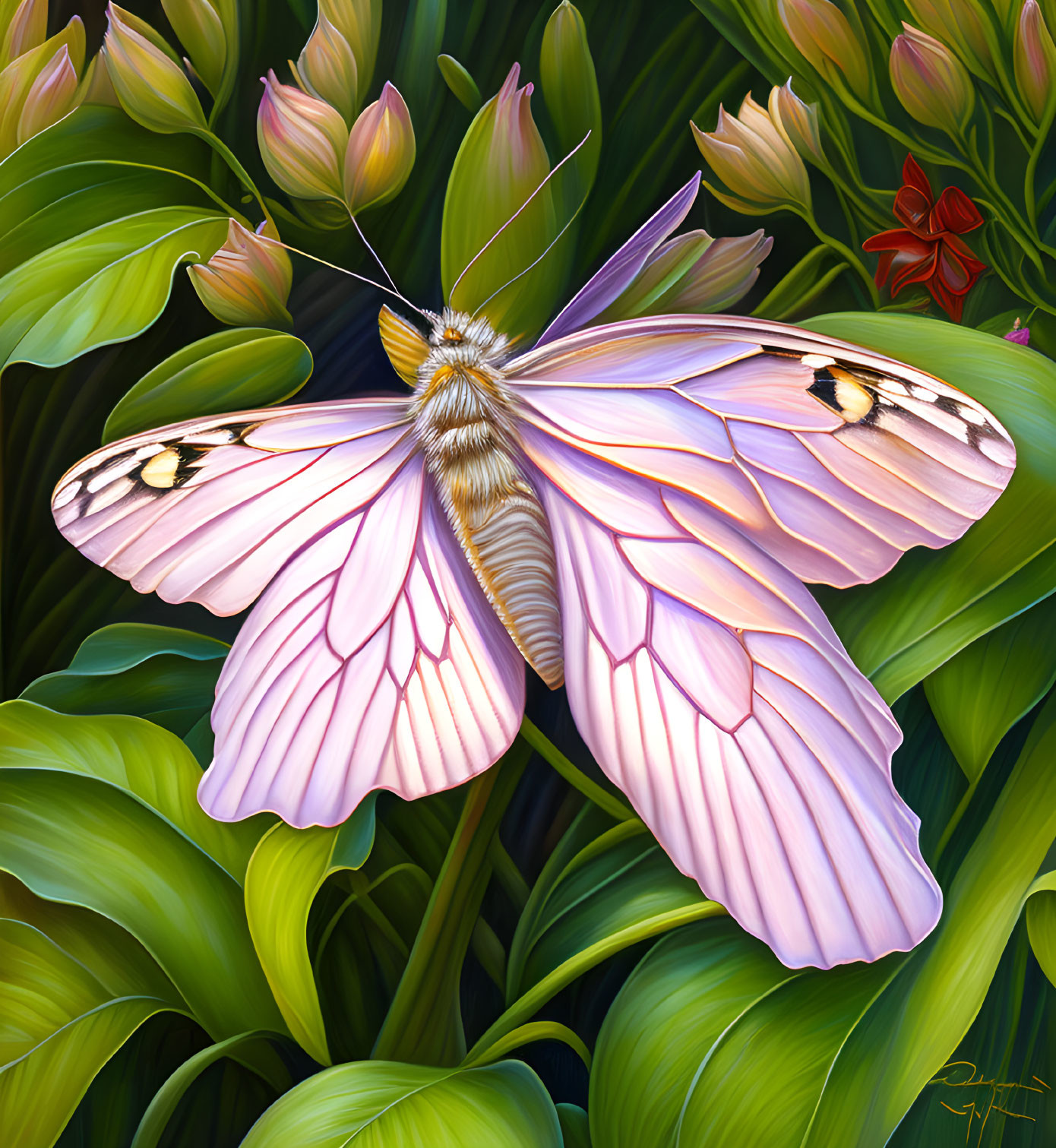 Detailed Pink Butterfly Illustration on Green Leaves