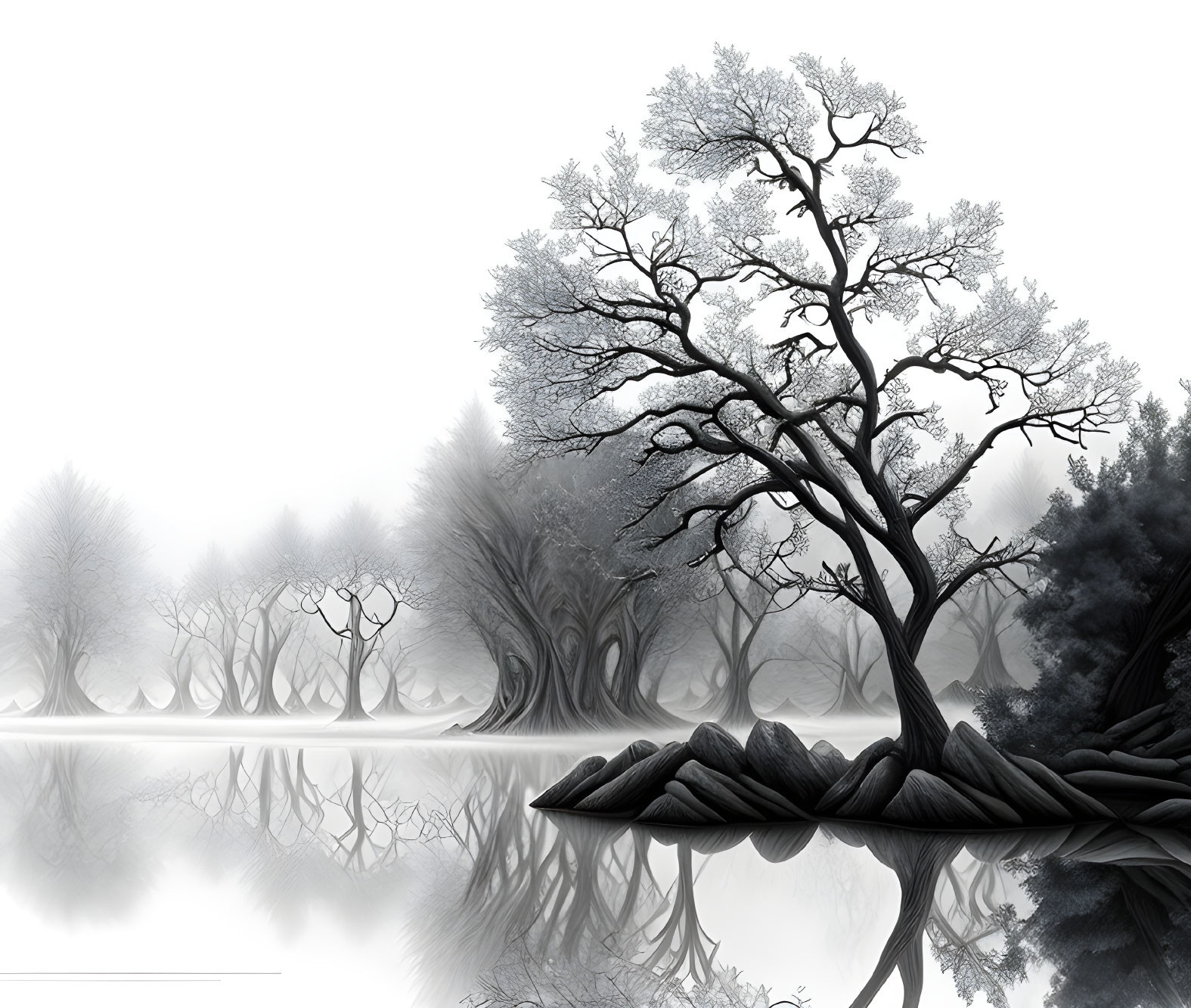 Monochromatic landscape with trees reflected in still water