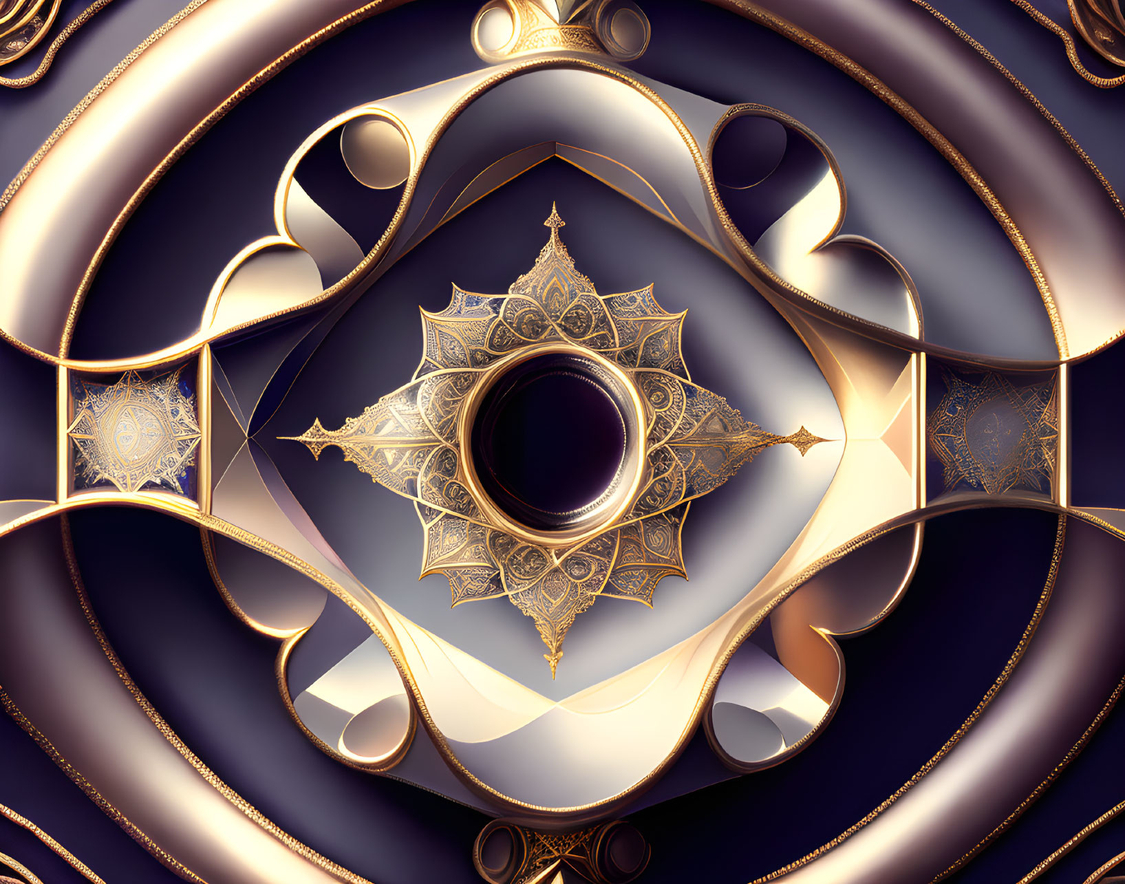 Intricate Fractal Design with Gold and Purple Symmetrical Patterns