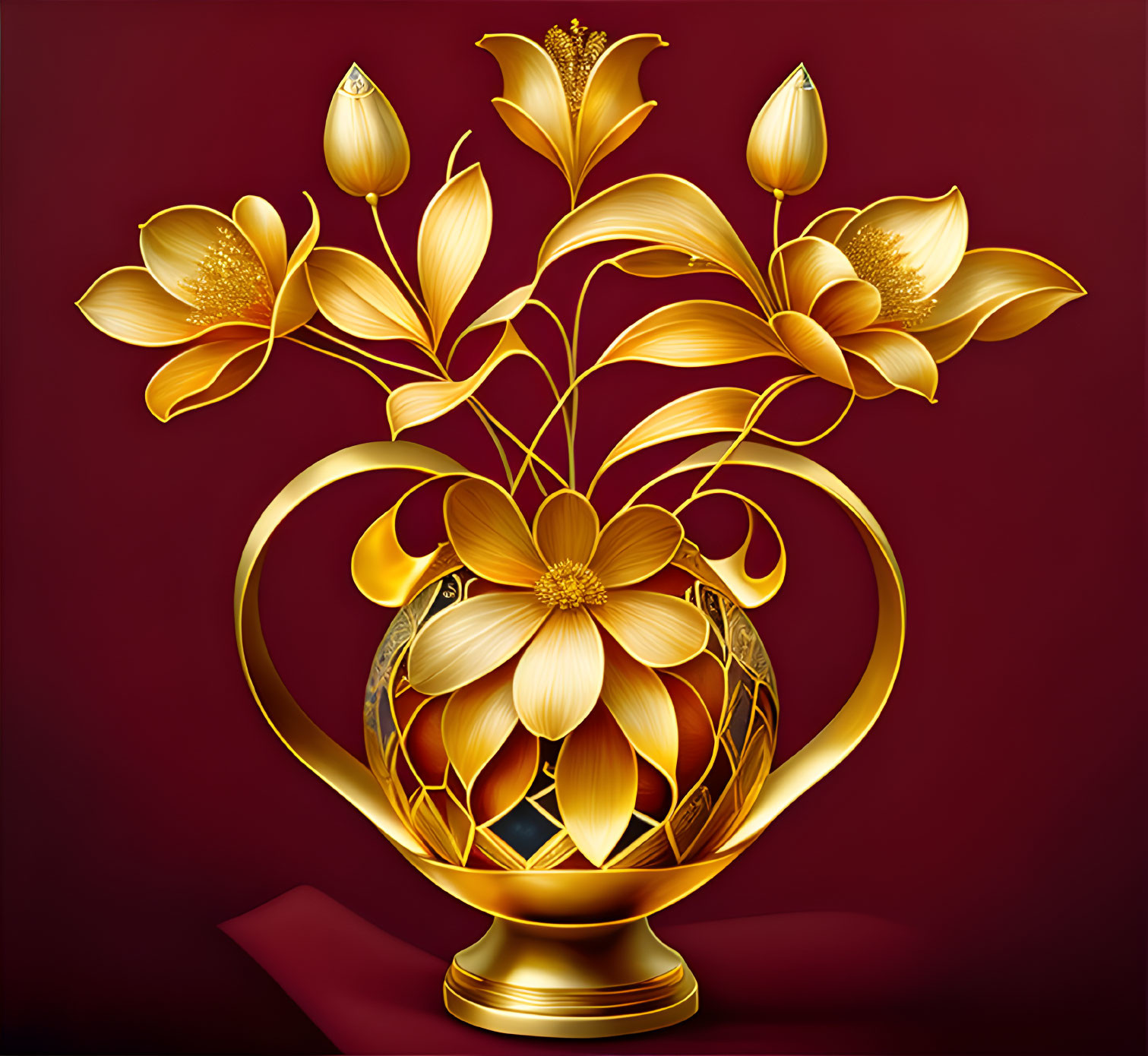 Golden vase with stylized flowers on deep red background