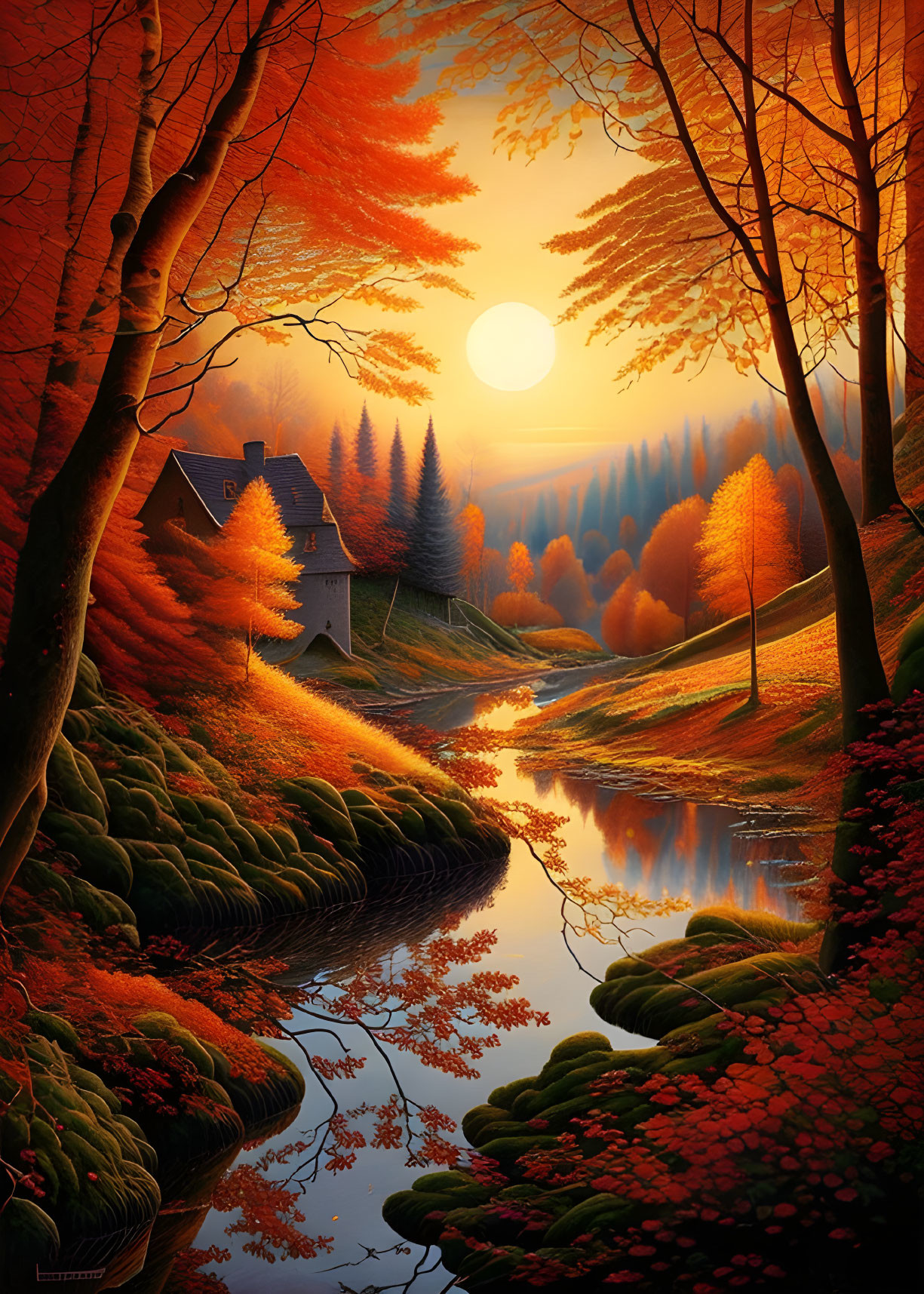 Autumn sunset reflected in river by cozy cottage