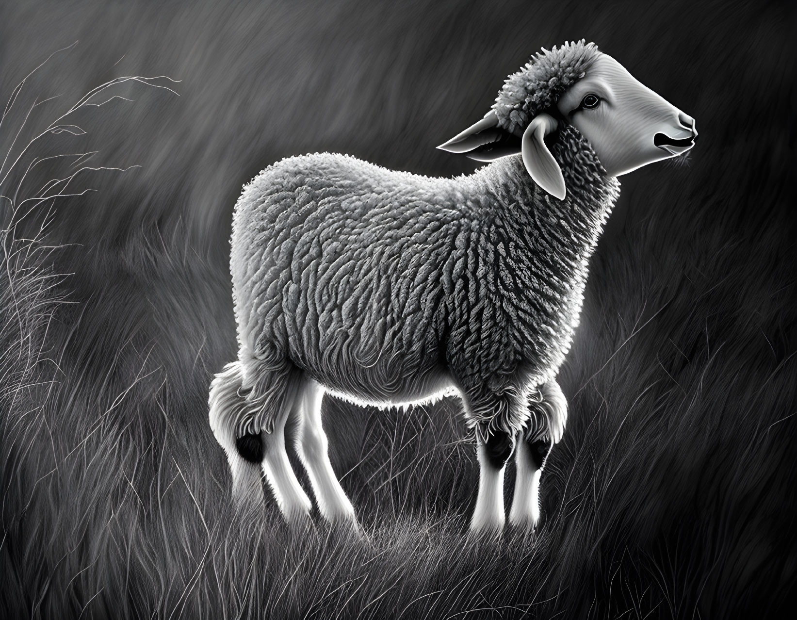 Detailed grayscale image: Thick wool sheep in tall grass