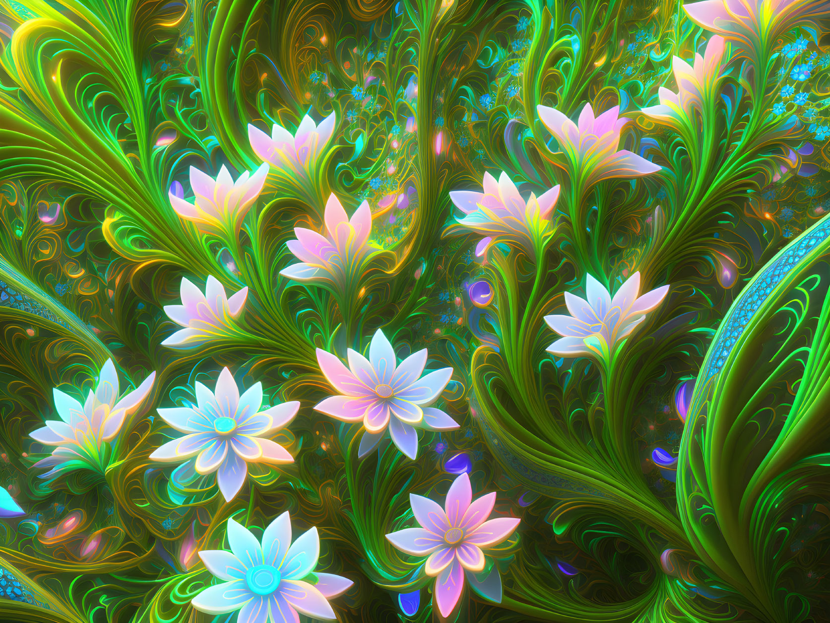 Colorful Digital Art: Luminescent Flowers in Swirling Fractal Patterns