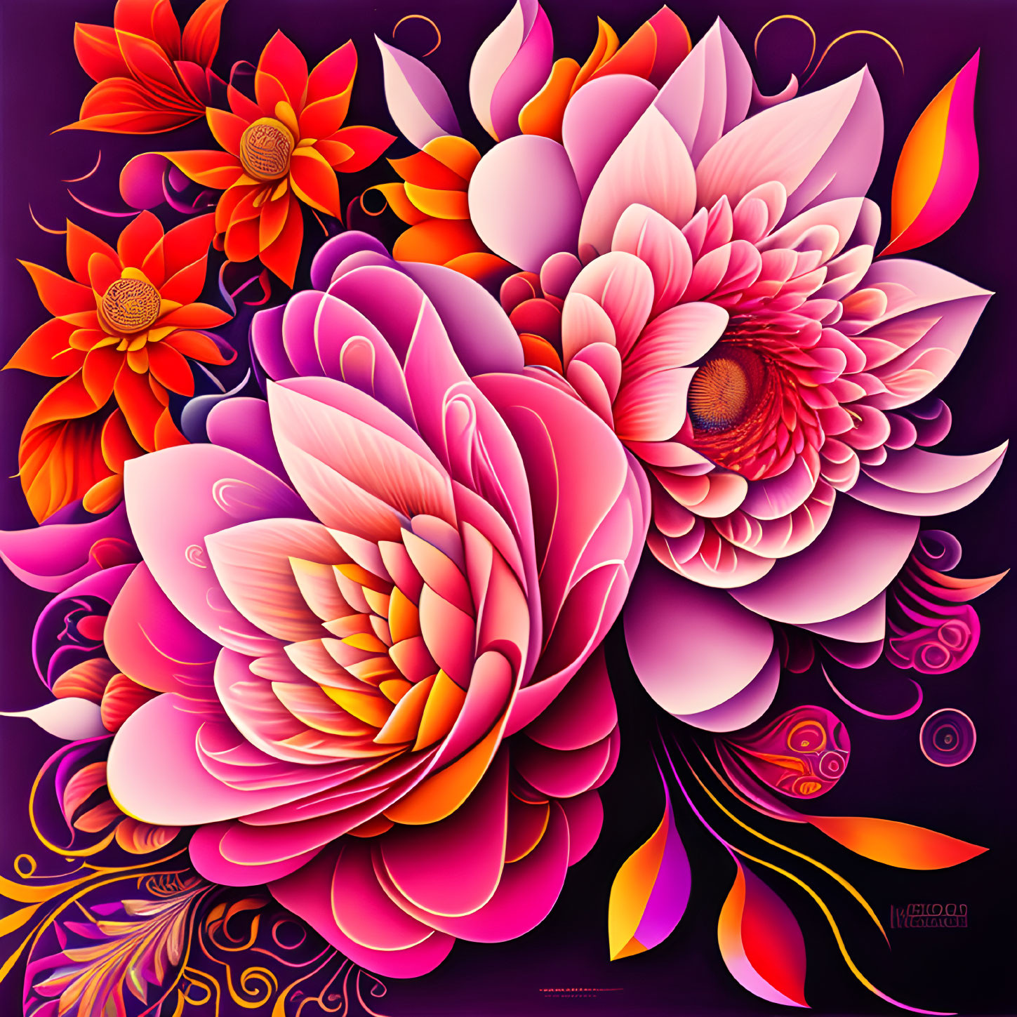 Colorful digital artwork: Pink and white flowers with orange centers on a purple background.