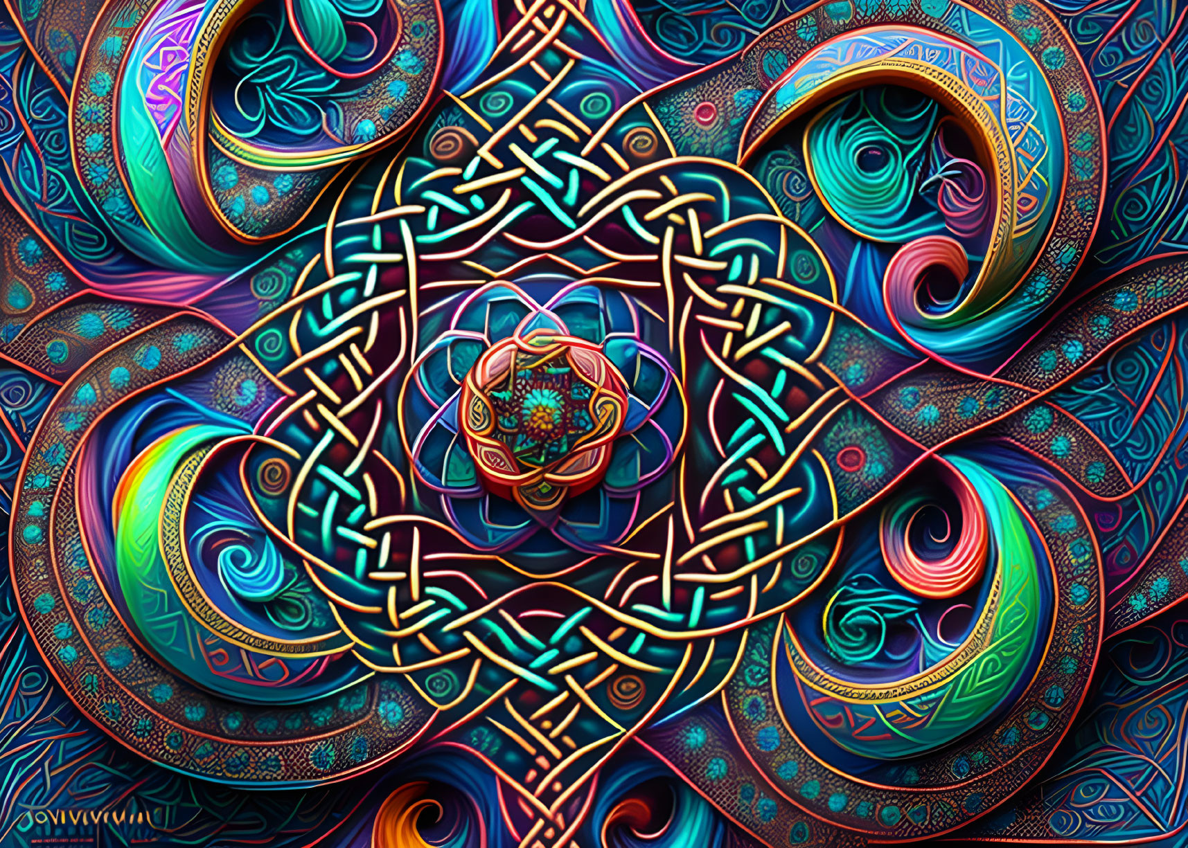 Colorful Celtic knot patterns and psychedelic designs with mandala motif.