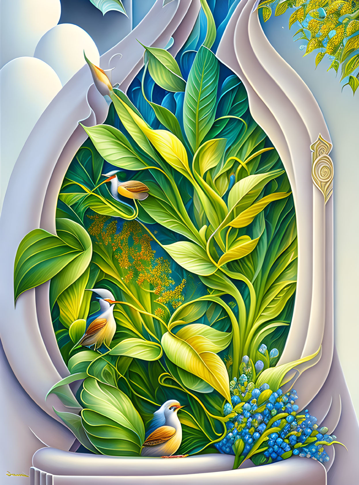 Botanical illustration with birds and architectural elements