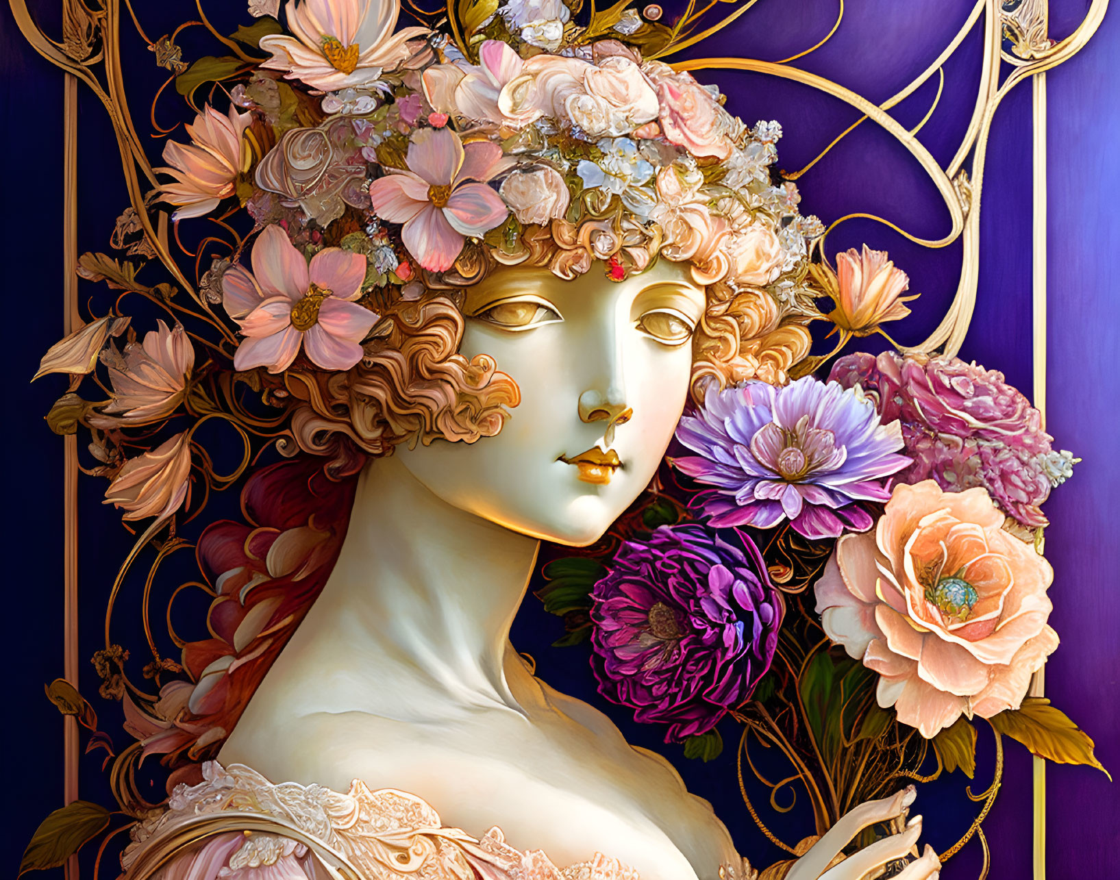 Detailed Floral Crown Portrait of Woman Against Blue Background