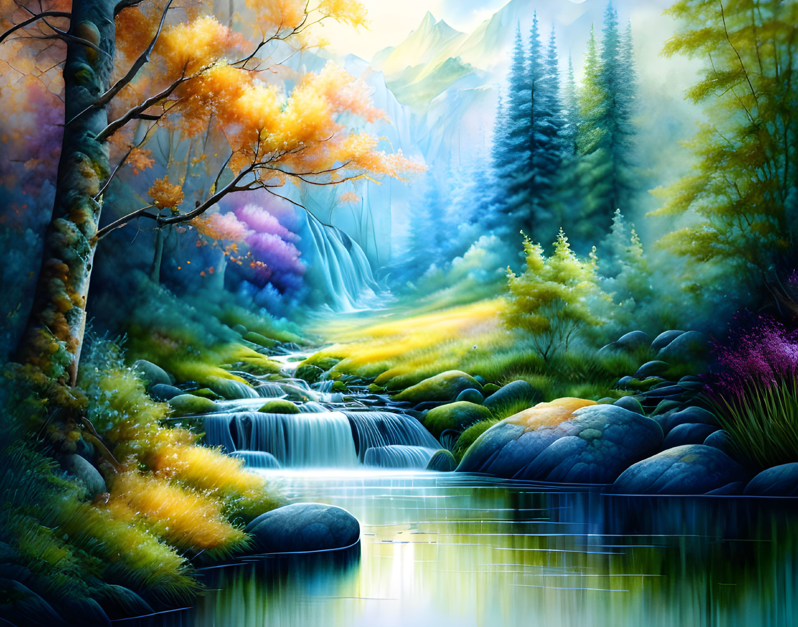 Colorful Landscape Painting: Serene River, Waterfalls, and Lush Foliage