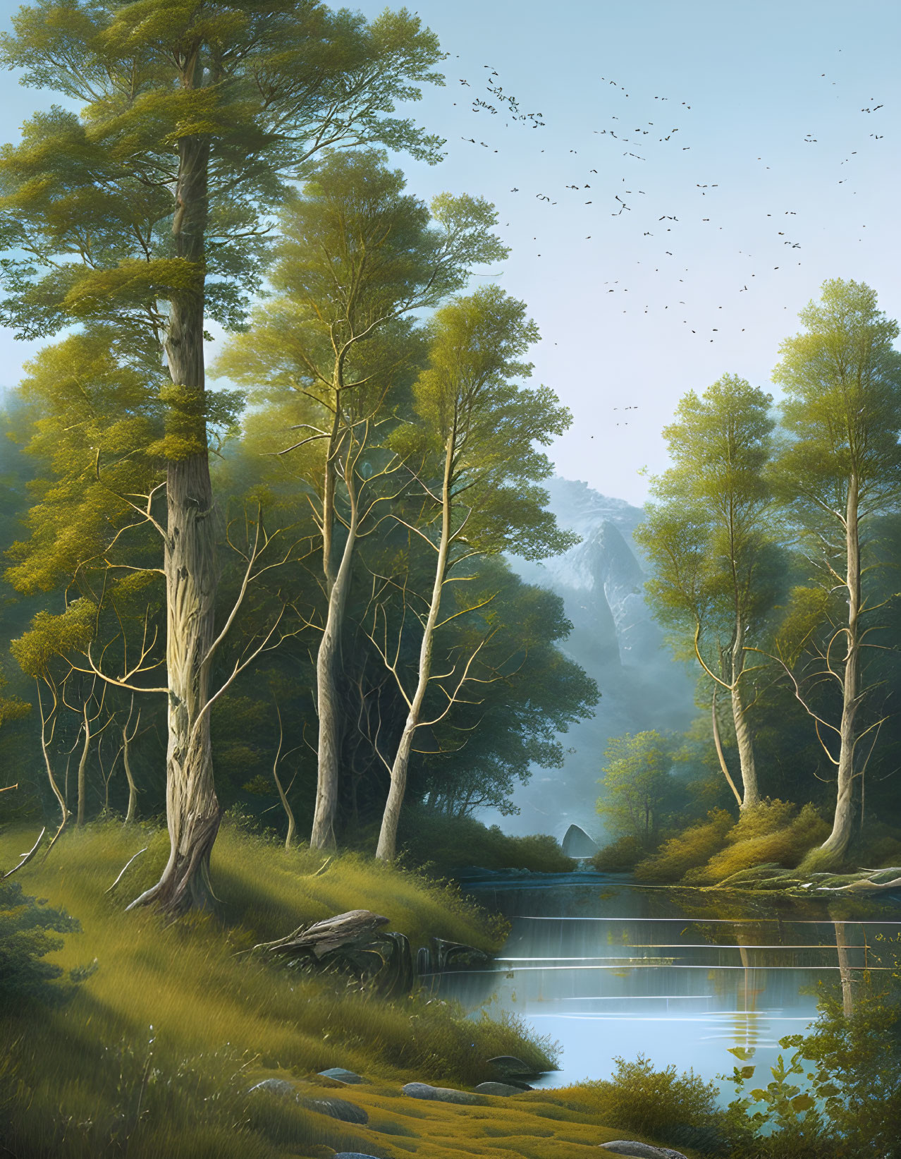 Tranquil forest landscape with river, birds, and misty mountains