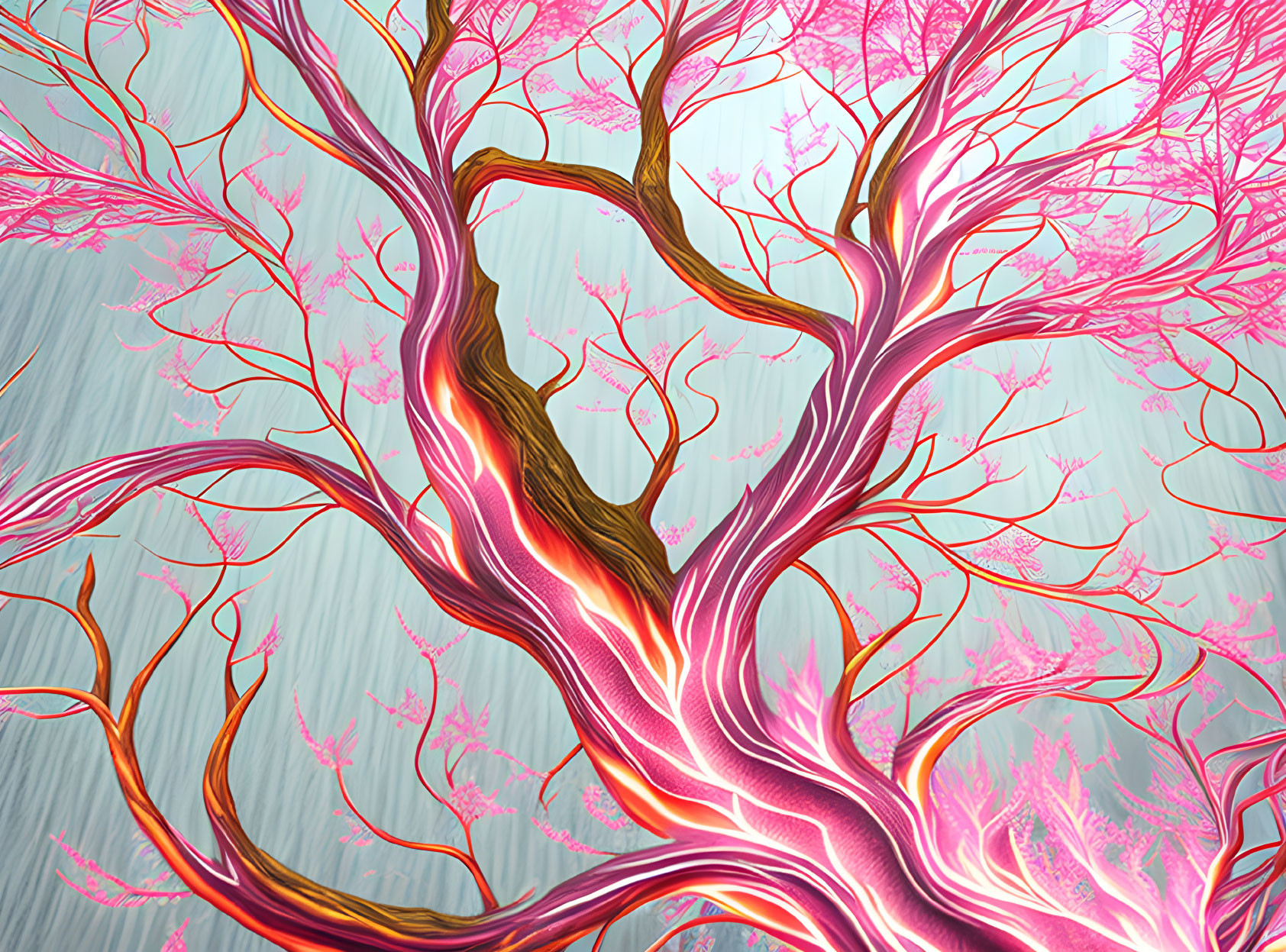 Vibrant pink and orange tree branches with intricate leaf patterns on textured gray background