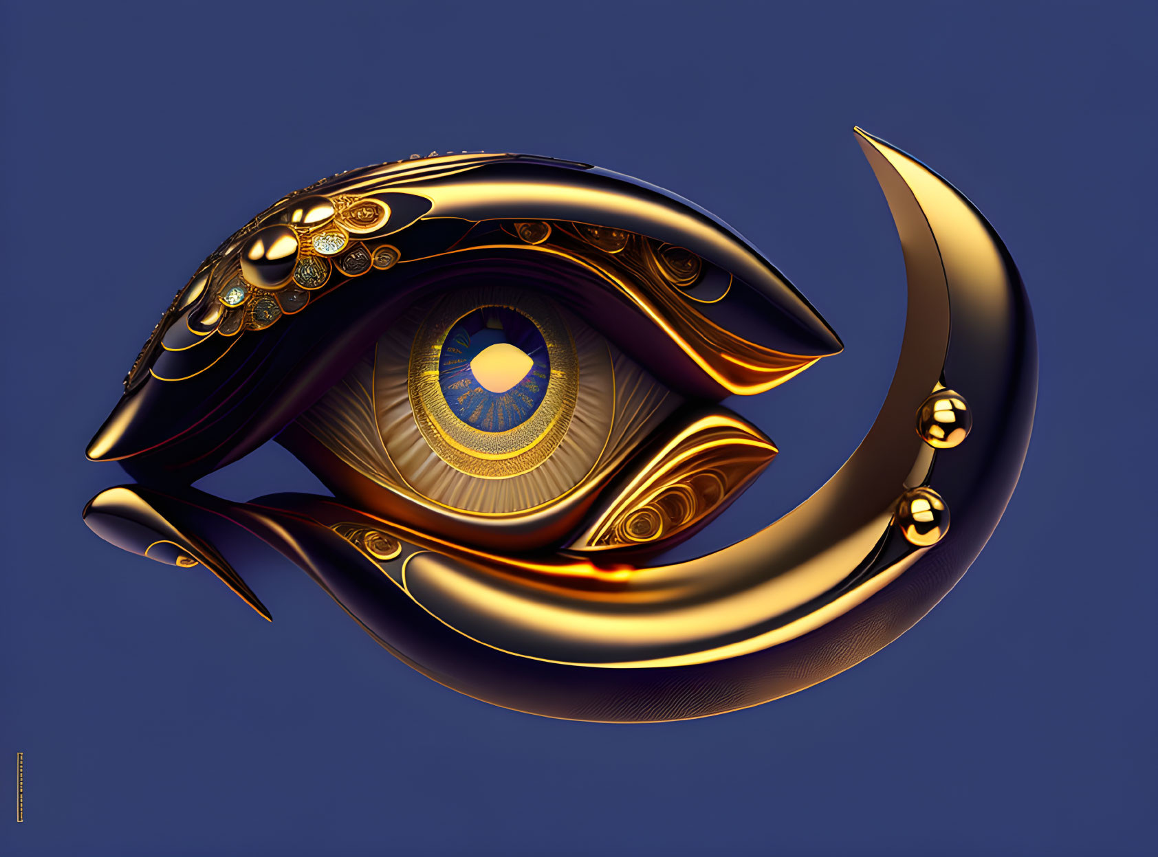 Abstract digital artwork: Stylized eye with gold and black details on blue background