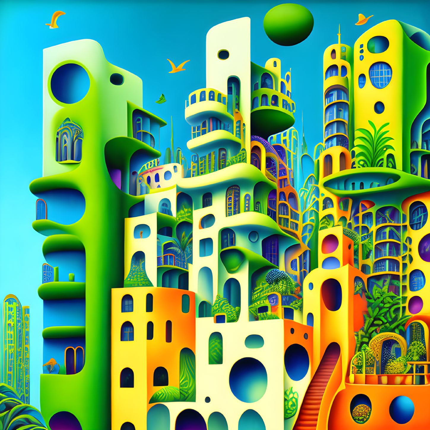 Vibrant surreal artwork: whimsical buildings, circular windows, organic shapes, lush greenery,