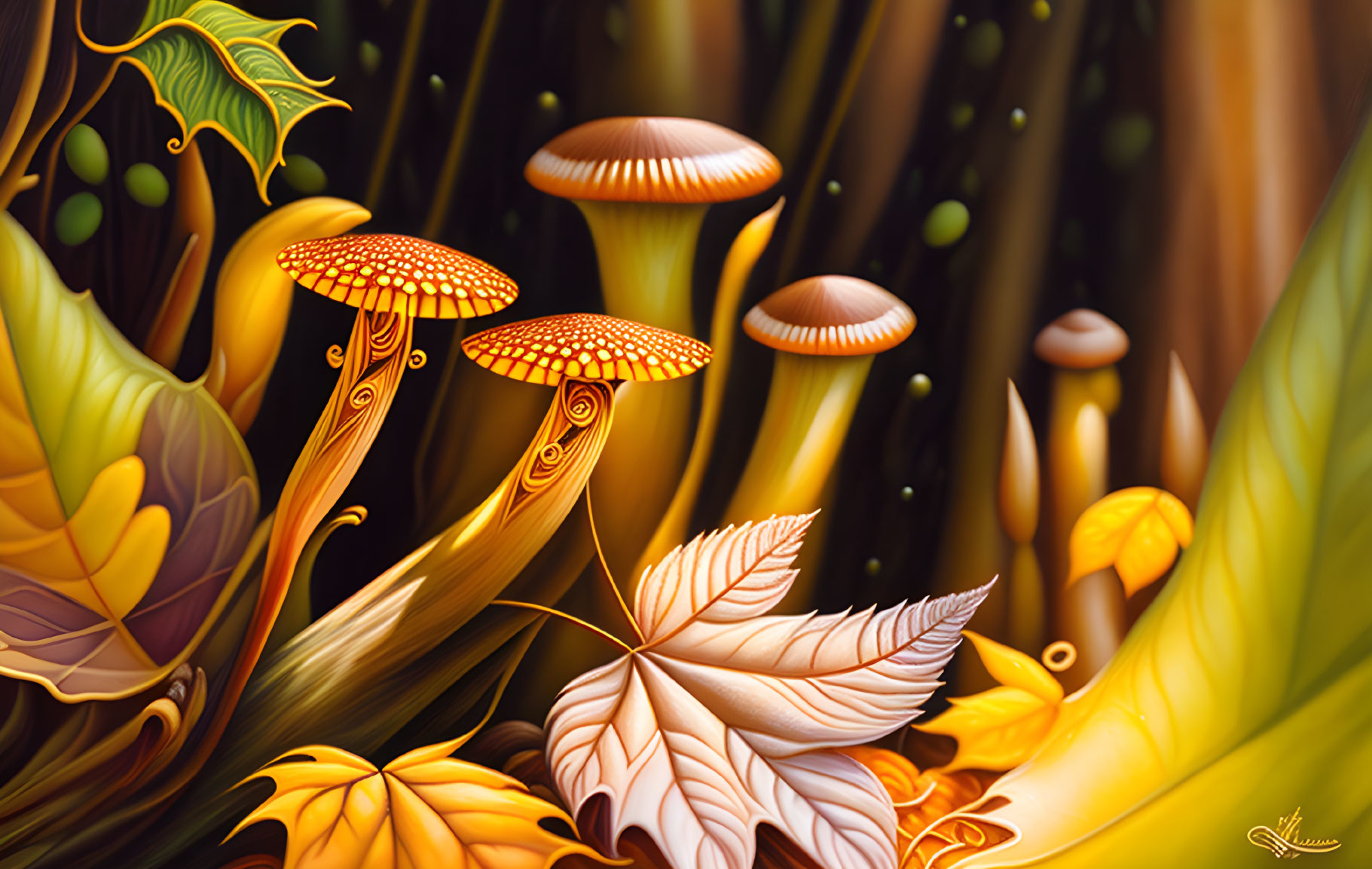 Colorful digital art: Stylized mushrooms in vibrant hues amid autumn foliage and dark lines.