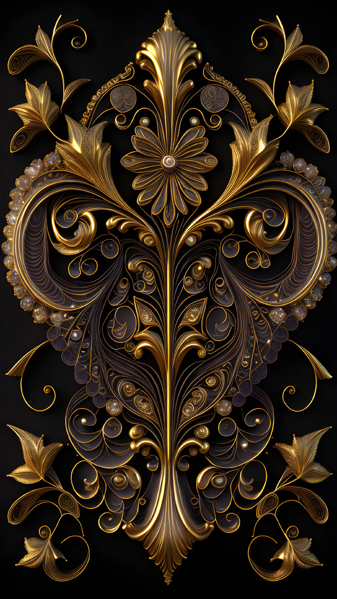 Symmetrical golden floral design on black background with pearl-like embellishments