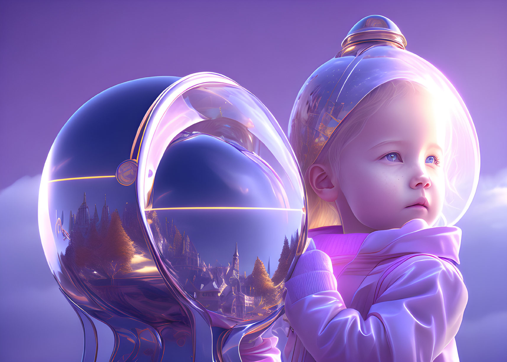 Child in reflective space helmet gazes at whimsical landscape on purple sky.