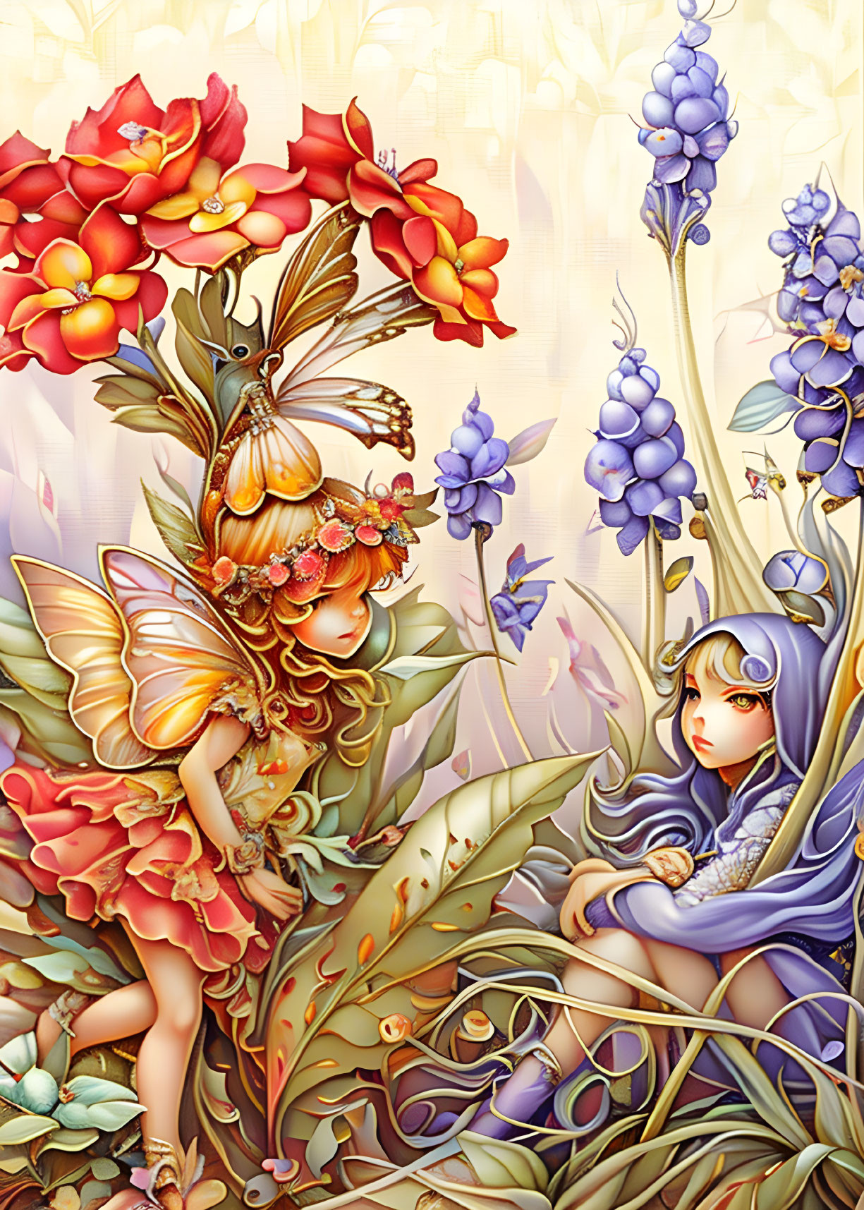 Colorful fairies among vibrant flowers in rich foliage