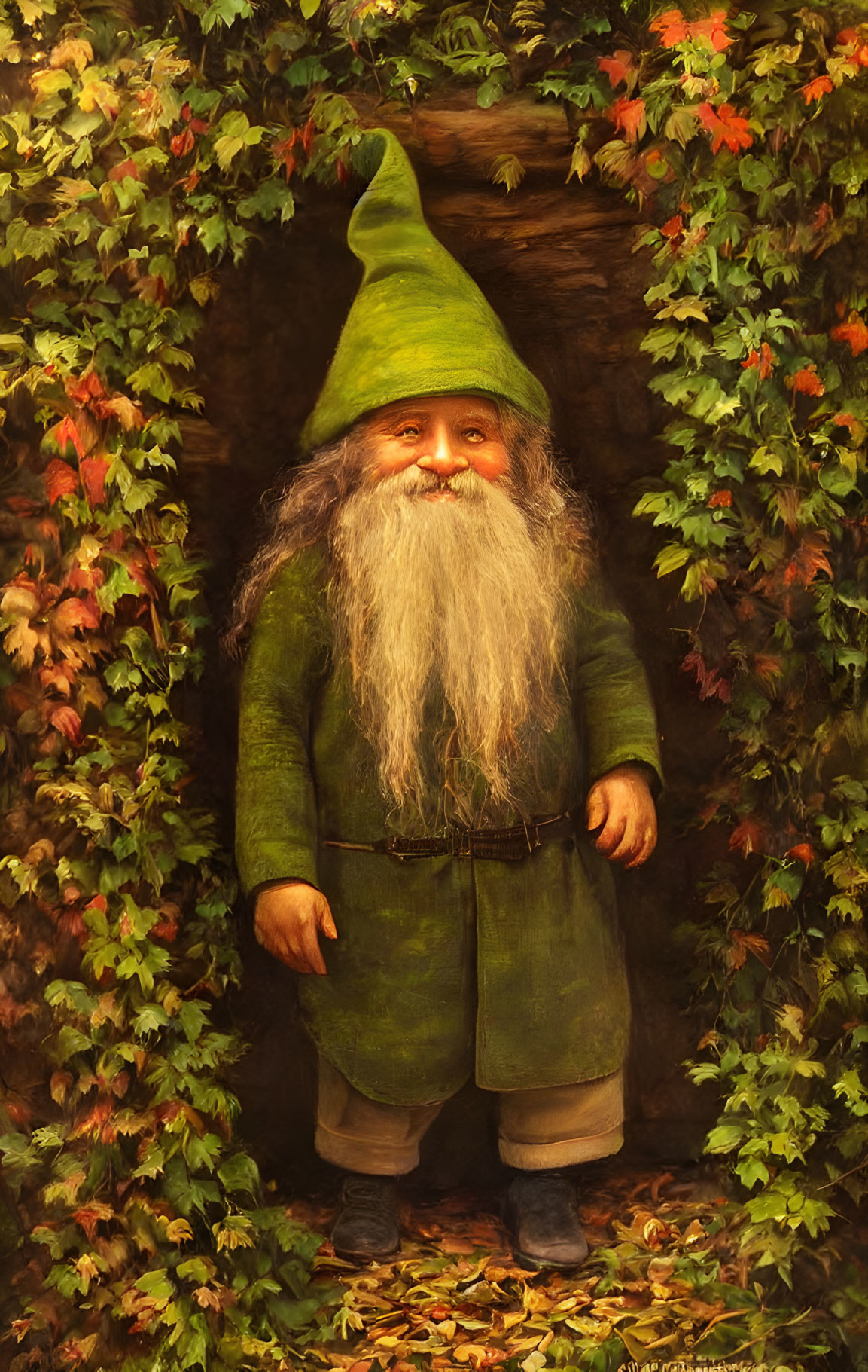 Gnome painting with long beard in green outfit among autumn leaves