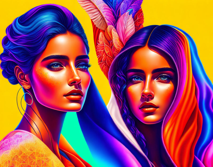 Vibrant stylized makeup and hair on two women against yellow background with feathers.